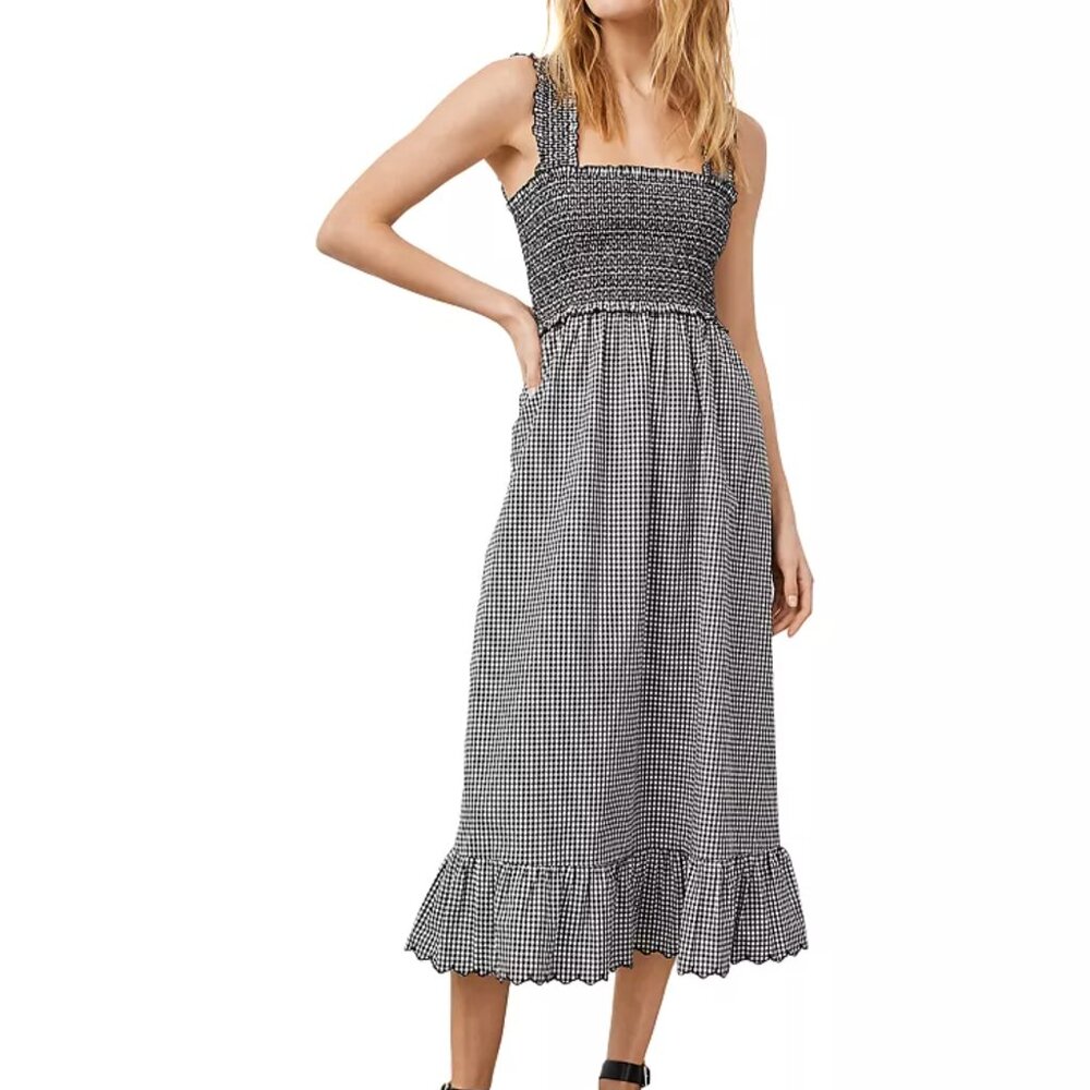 Rails Rumi Dress Black White Gingham Size Large Midi Cottagecore Smocked Waist